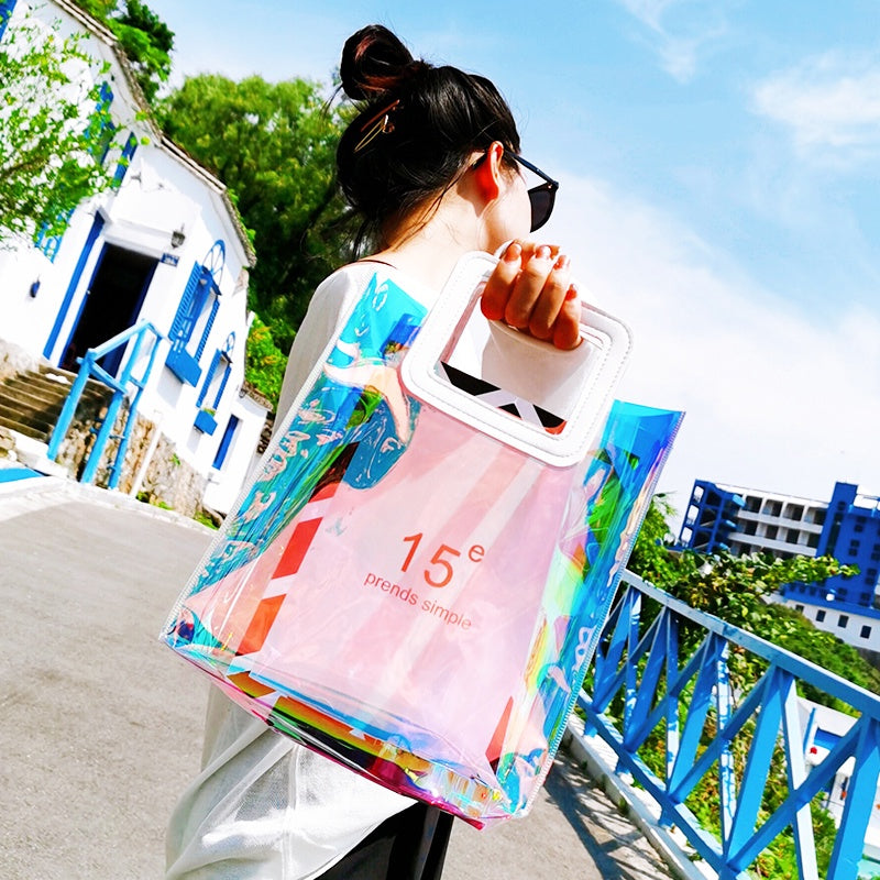 【Professional Customization】Laser Bag Transparent Handbag PVC Jelly Bag Net Red Bag Cosmetic Gift Bag Activity Bag Lunch Bag Printable Logo Manufacturers Customized Various Sizes and Styles(minimum 50pcs)