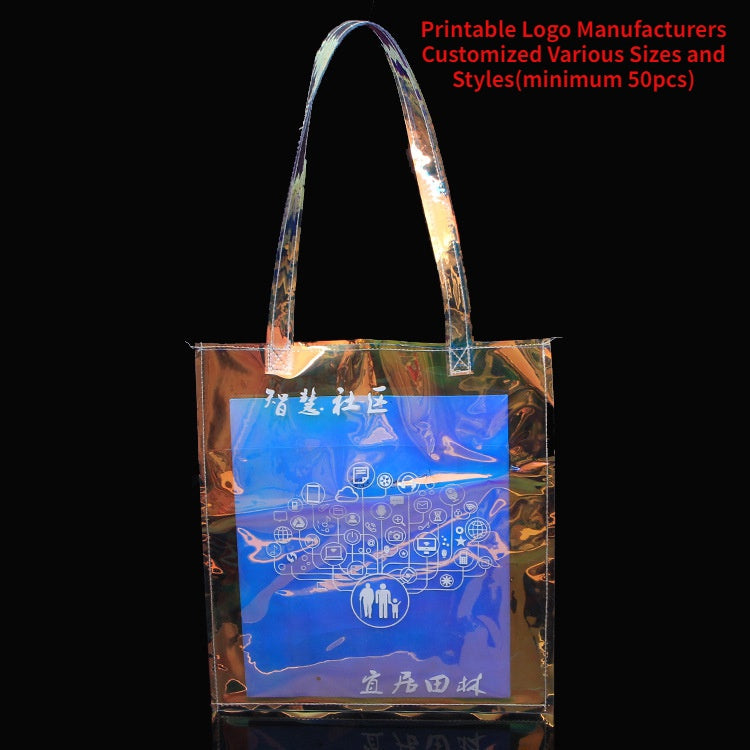 【Professional Customization】PVC Laser Shopping Handbag Transparent Plastic Gift Handbag Laser Dazzling Advertising Packaging Bag Printable Logo Manufacturers Customized Various Sizes and Styles(minimum 50pcs)