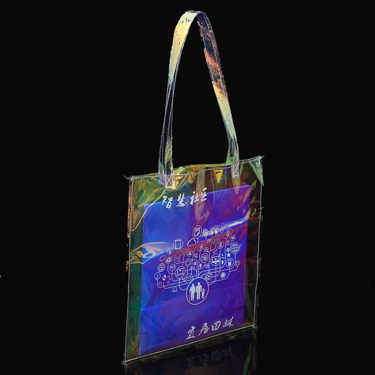 【Professional Customization】PVC Laser Shopping Handbag Transparent Plastic Gift Handbag Laser Dazzling Advertising Packaging Bag Printable Logo Manufacturers Customized Various Sizes and Styles(minimum 50pcs)