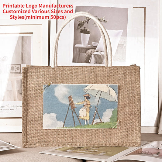 【Professional Customization】Spot  Custom Hand-made Linen Bag Jute Shopping Bag Simple Student Cotton Linen BagPrintable Logo Manufacturers Customized Various Sizes and Styles(minimum 50pcs)