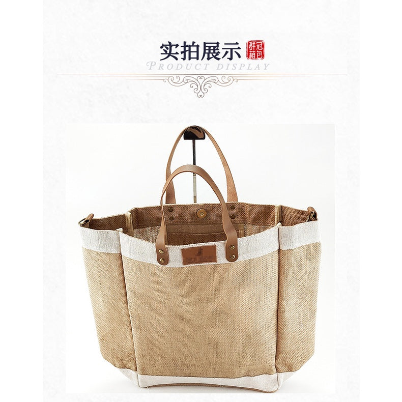 【Professional Customization】Cross-border Portable Fashion Sacks with Large Capacity and Single Shoulder Splicing Jute Shopping BagPrintable Logo Manufacturers Customized Various Sizes and Styles(minimum 50pcs)