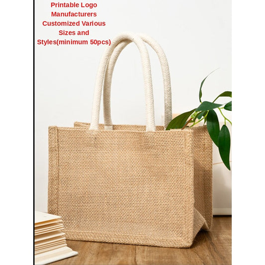 【Professional Customization】Linen Bag DIY Environmental Protection Shopping Linen Handbag Ins Lunch Box Handbag Gift Bag Packaging Bag Printable Logo Manufacturers Customized Various Sizes and Styles(minimum 50pcs)