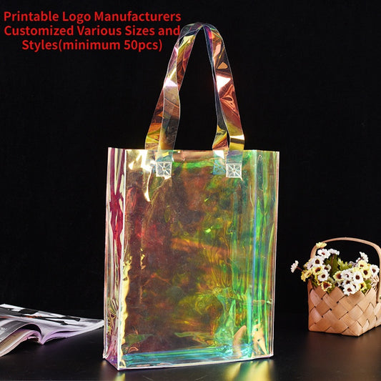 【Professional Customization】PVC Laser Shopping Bags Laser Colorful Advertising Bags Transparent Plastic Gift Bags Printable Logo Manufacturers Customized Various Sizes and Styles(minimum 50pcs)