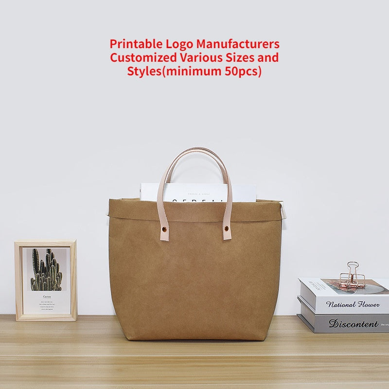 【Professional Customization】Water Wash Kraft Paper Women's Bag Literary Style Tearing Not Rotten Paper Bag Wash Paper Tote Bag Light SimplePrintable Logo Manufacturers Customized Various Sizes and Styles(minimum 50pcs)