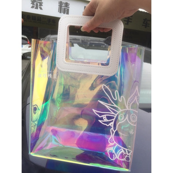 【Professional Customization】Laser Bag PVC Transparent Handbag Shopping Custom Logo Plastic Gift Bag Cosmetic Packaging Ins Net Red Printable Logo Manufacturers Customized Various Sizes and Styles(minimum 50pcs)