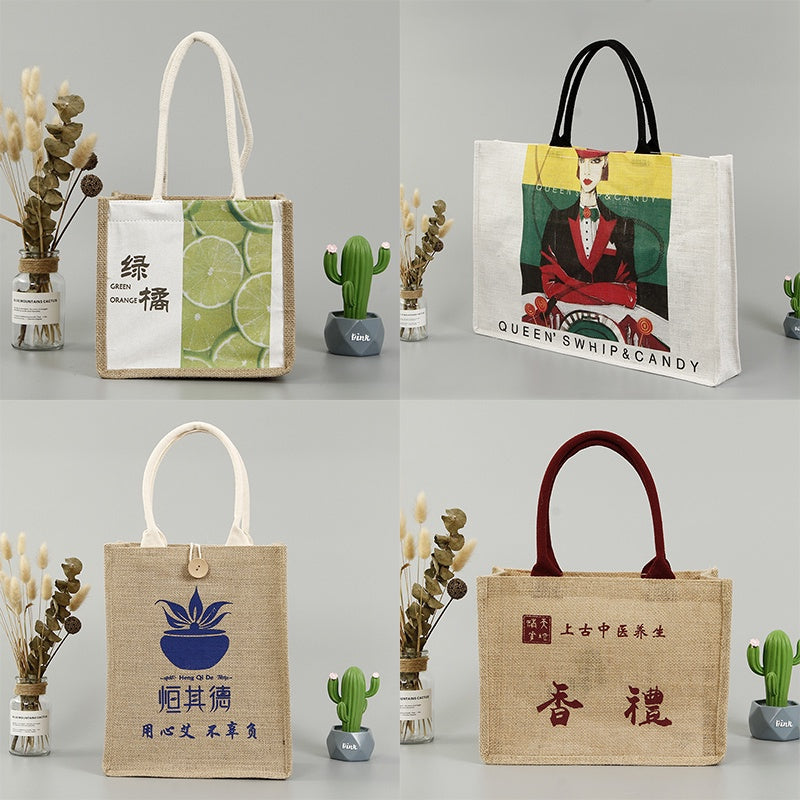 【Professional Customization】Linen Handbag Pattern Linen Environmental Protection Bag Customized Jute Shopping Bag Customized Coarse Linen Bag Printable Logo Manufacturers Customized Various Sizes and Styles(minimum 50pcs)