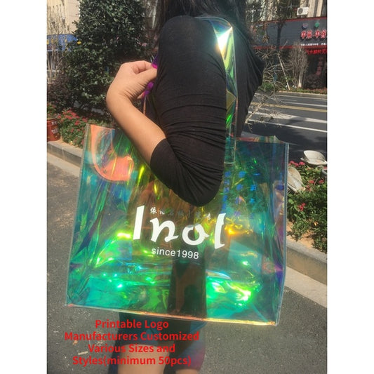 【Professional Customization】Laser Bag PVC Transparent Handbag Shopping Custom Logo Plastic Gift Bag Cosmetic Packaging Ins Net Red Printable Logo Manufacturers Customized Various Sizes and Styles(minimum 50pcs)