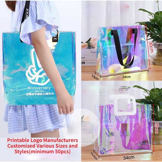 【Professional Customization】Colorful Online Celebrity Laser Bag Custom Pvc Portable Plastic Hand-held Laser Bag Shoulder Shopping Transparent LaserPrintable Logo Manufacturers Customized Various Sizes and Styles(minimum 50pcs)