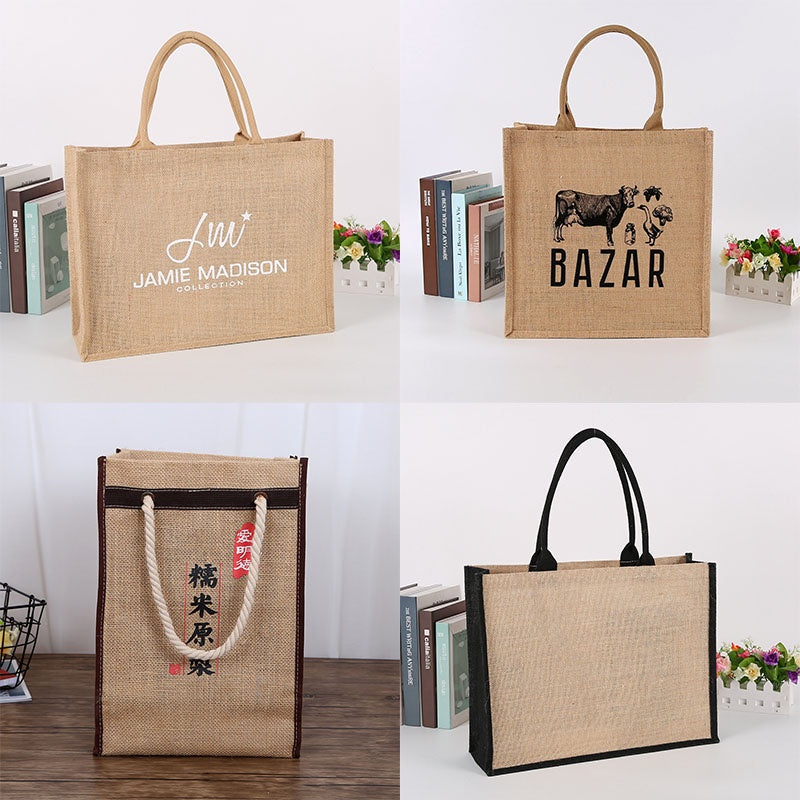 【Professional Customization】Linen Handbag Pattern Linen Environmental Protection Bag Customized Jute Shopping Bag Customized Coarse Linen Bag Printable Logo Manufacturers Customized Various Sizes and Styles(minimum 50pcs)