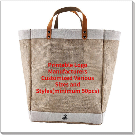 【Professional Customization】Cross-border Linen Bag  Retro Jute Bag Stitched Cotton and Linen Shopping Bag PU Leather HandbagPrintable Logo Manufacturers Customized Various Sizes and Styles(minimum 50pcs)