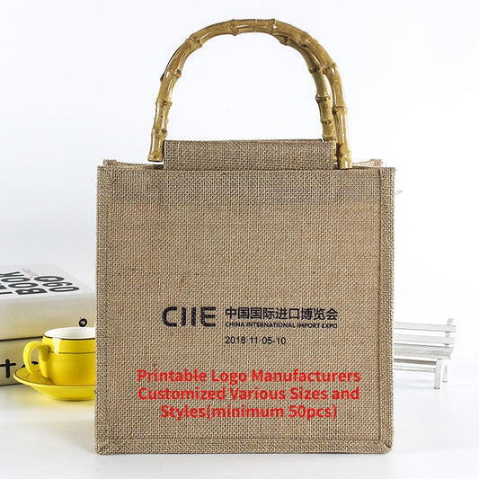 【Professional Customization】Bags Custom Logo Bamboo Portable Yellow Linen Handbag Shopping Bag Custom Foreign Trade Jute Portable Bag Wholesale Printable Logo Manufacturers Customized Various Sizes and Styles(minimum 50pcs)