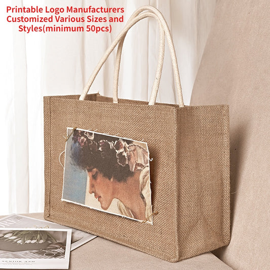 【Professional Customization】Simple Retro Shopping Bag Coarse Jute Jute Handbag Shopping Bag Fashion Storage Jute Bag SpotPrintable Logo Manufacturers Customized Various Sizes and Styles(minimum 50pcs)