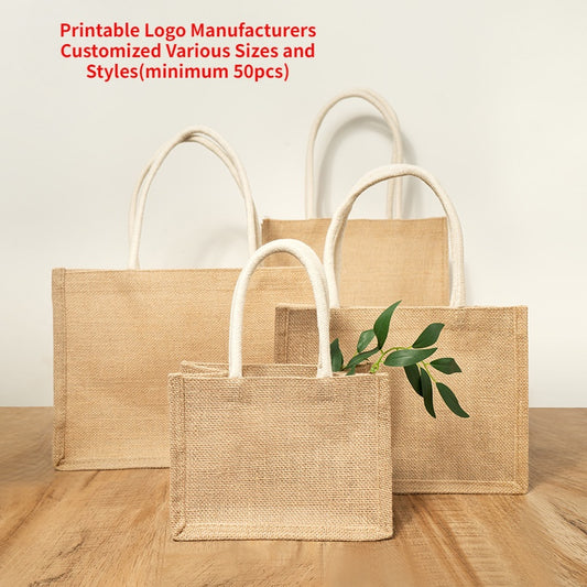 【Professional Customization】Factory Direct Supply Spot Blank Linen Tote Bag Jute Environmental Protection Shopping Linen Bag Film Waterproof HandbagPrintable Logo Manufacturers Customized Various Sizes and Styles(minimum 50pcs)