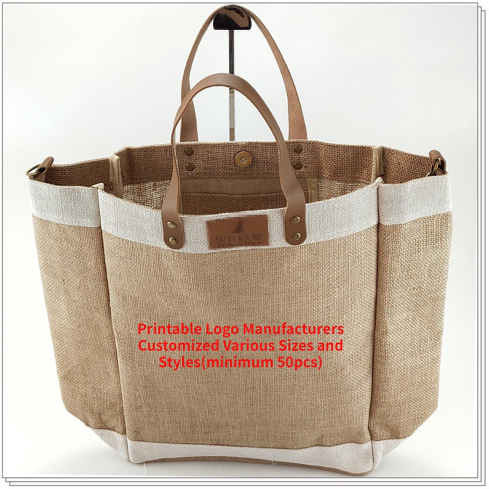 【Professional Customization】Cross-border Portable Fashion Sacks with Large Capacity and Single Shoulder Splicing Jute Shopping BagPrintable Logo Manufacturers Customized Various Sizes and Styles(minimum 50pcs)