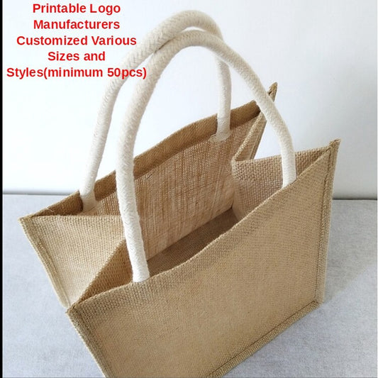 【Professional Customization】Jute Bag Linen Gift Bag Handbag Making Korean Version Of Simple Rice Bag Handbag Girl's Small Fresh Linen Bag Printable Logo Manufacturers Customized Various Sizes and Styles(minimum 50pcs)