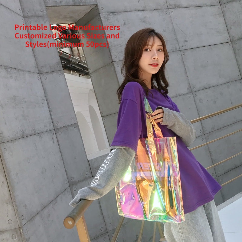 【Professional Customization】Transparent PVC Laser Magic Handbag Shopping Jelly Bag Net Red Gift Plastic Bag Printable Logo Manufacturers Customized Various Sizes and Styles(minimum 50pcs)