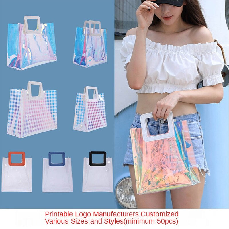 【Professional Customization】PVC Transparent Handbag Laser Bag Customized Ins Net Red Activity Companion Gift Packaging Bag High Grade Cosmetics Printable Logo Manufacturers Customized Various Sizes and Styles(minimum 50pcs)