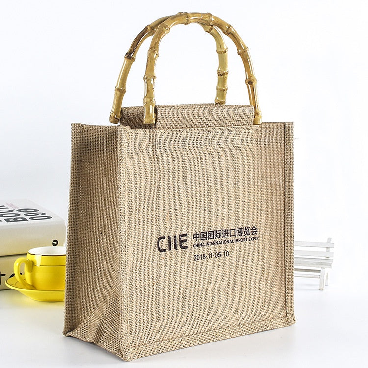 【Professional Customization】Bags Custom Logo Bamboo Portable Yellow Linen Handbag Shopping Bag Custom Foreign Trade Jute Portable Bag Wholesale Printable Logo Manufacturers Customized Various Sizes and Styles(minimum 50pcs)