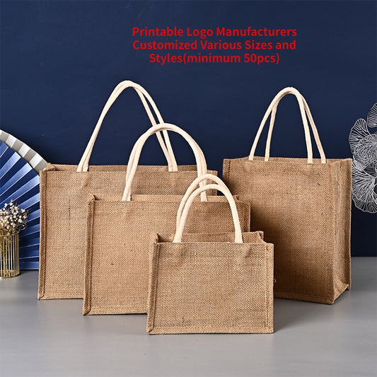 【Professional Customization】Manufacturer's Hand-held Jute Bag Cotton and Hemp Shopping Bag Hand-painted Linen Gift Bag, Retro Coarse Linen BagPrintable Logo Manufacturers Customized Various Sizes and Styles(minimum 50pcs)