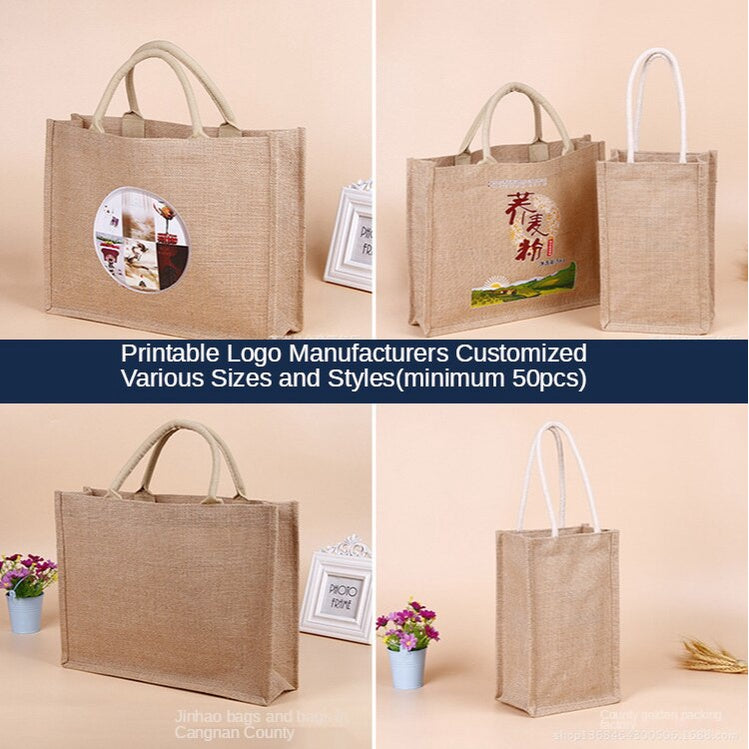 【Professional Customization】Hand-held Linen Bags Waterproof Jute Shopping Bags Retro Advertising Gift Bags Large-capacity Cotton And Linen Bags Printable Logo Manufacturers Customized Various Sizes and Styles(minimum 50pcs)