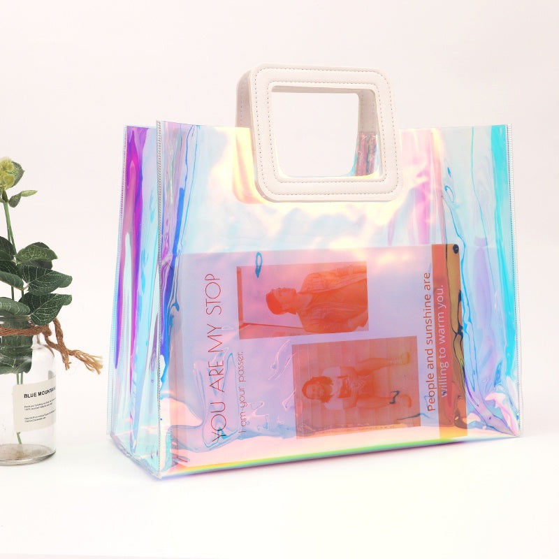 【Professional Customization】Laser Bag Transparent Handbag PVC Jelly Bag Net Red Bag Cosmetic Gift Bag Activity Bag Lunch Bag Printable Logo Manufacturers Customized Various Sizes and Styles(minimum 50pcs)