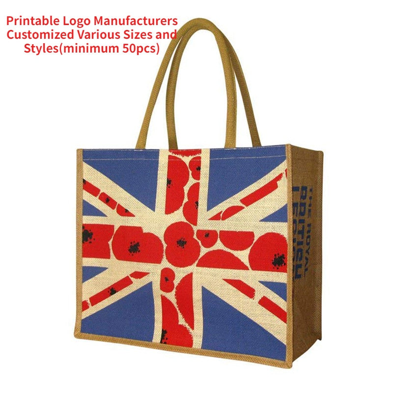 【Professional Customization】New Environmental Protection Linen Bag Rice Flag Printing Jute Sail Bag British Fashion Shopping Bag CustomizationPrintable Logo Manufacturers Customized Various Sizes and Styles(minimum 50pcs)