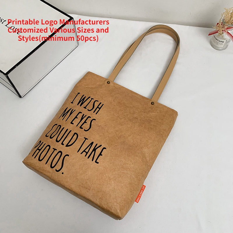 【Professional Customization】2021 New Handbag Femininity Goddess Literature And Art Versatile Kraft Paper Bag Fold DuPont Paper BagPrintable Logo Manufacturers Customized Various Sizes and Styles(minimum 50pcs)