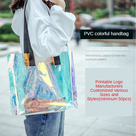 【Professional Customization】Customization New Laser Handbag PVC Transparent Colorful Gradient Bag Summer Ins Net Red Advertising Campaign Printable Logo Manufacturers Customized Various Sizes and Styles(minimum 50pcs)