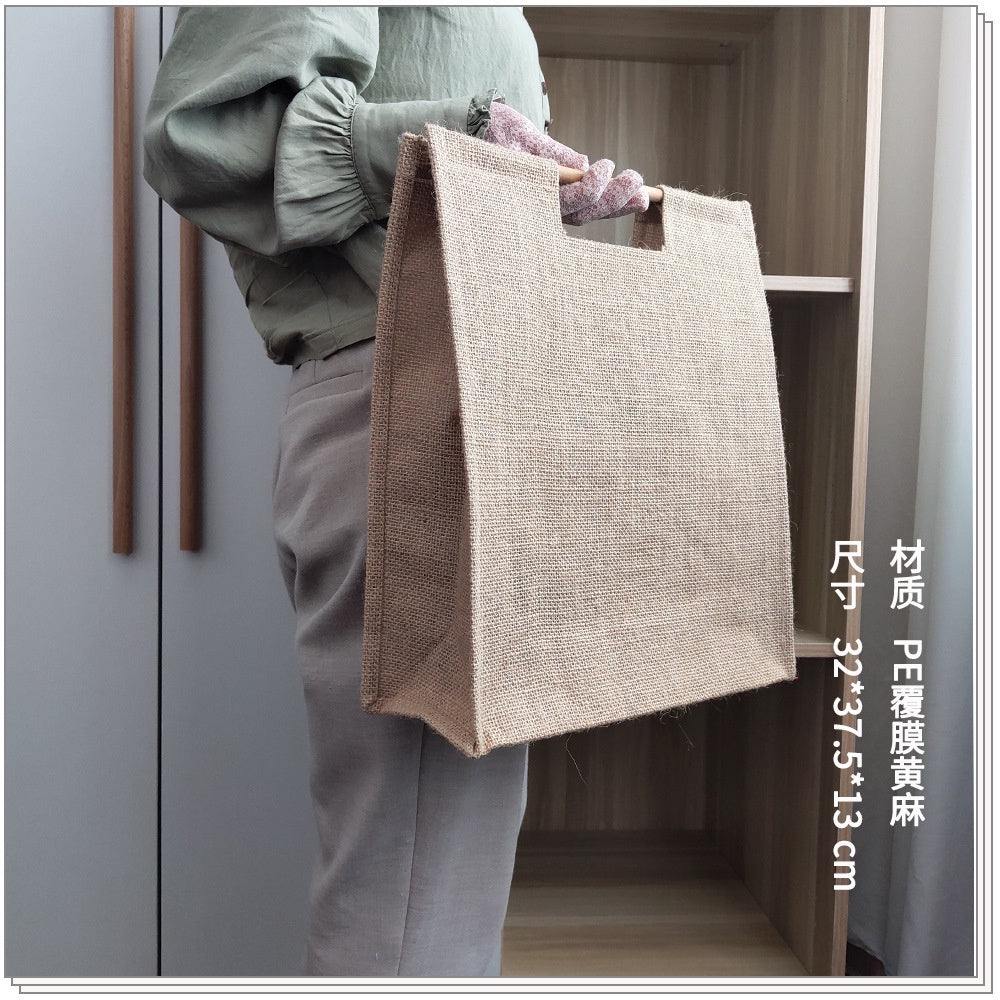 【Professional Customization】Hand-held Gunny Bag Custom-made Blank Non-printed Gunny Bag Round Stick Wood Hand-held Cotton and Linen HandbagPrintable Logo Manufacturers Customized Various Sizes and Styles(minimum 50pcs)