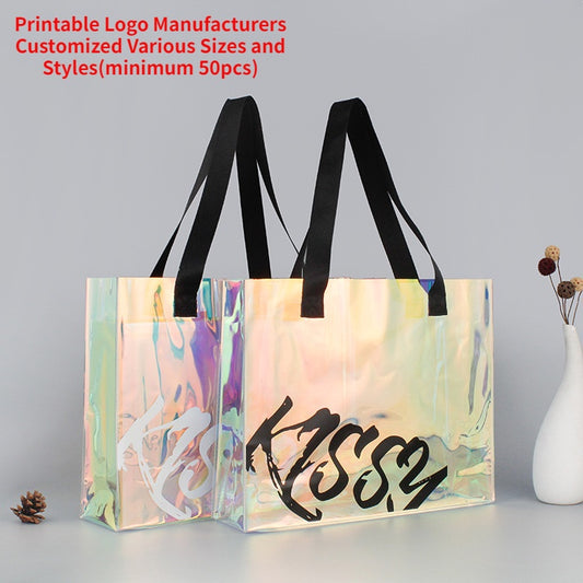 【Professional Customization】PVC Shooter Bag Custom-made Transparent Plastic Handbag Laser Dazzling Color PVC Shopping Bag Wholesale Printable Logo Manufacturers Customized Various Sizes and Styles(minimum 50pcs)