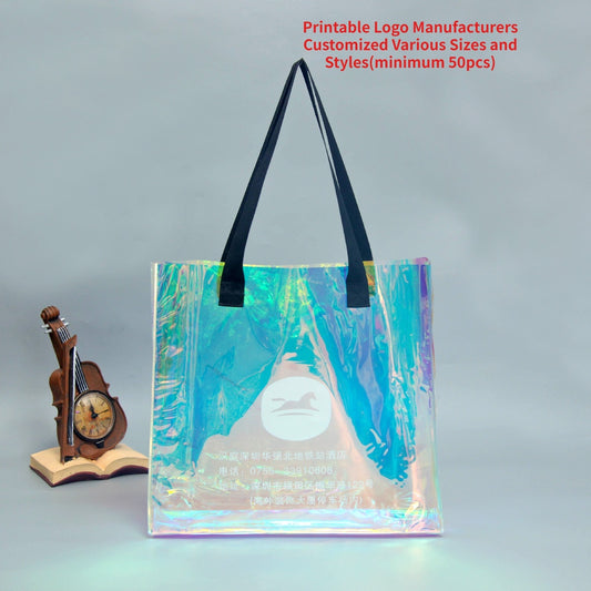 【Professional Customization】Laser Transparent Handbag PVC Colorful Shopping Bag Customized Plastic Gift Shopping Bag Printable Logo Manufacturers Customized Various Sizes and Styles(minimum 50pcs)