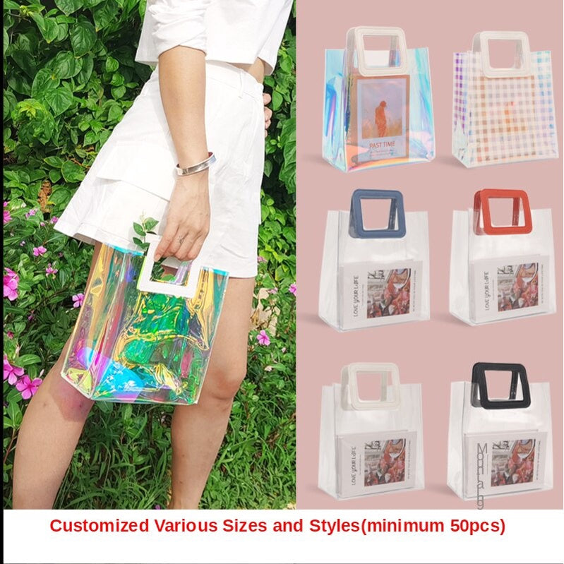 【Professional Customization】Laser Bag Transparent Handbag PVC Jelly Bag Net Red Bag Cosmetic Gift Bag Activity Bag Lunch Bag Printable Logo Manufacturers Customized Various Sizes and Styles(minimum 50pcs)