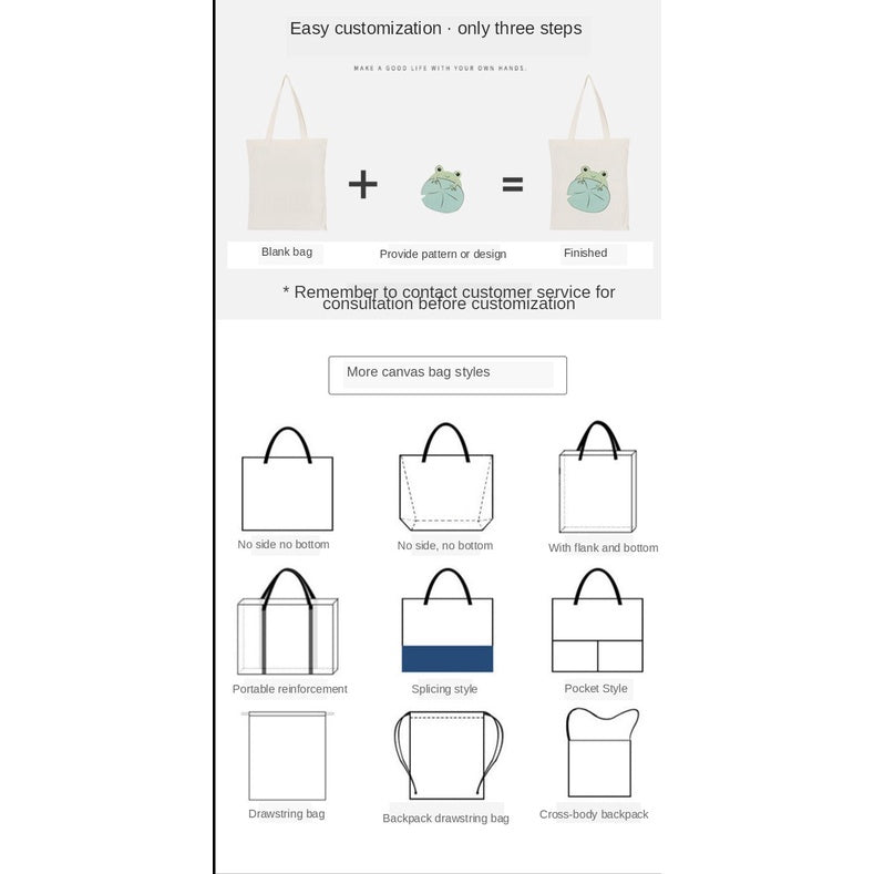 【Professional Customization】Canvas Bag Portable Cotton Bag Canvas Bag Customized Pattern Storage Environment-friendly Shopping Bag Printable Logo Manufacturers Customized Various Sizes and Styles(minimum 50pcs)