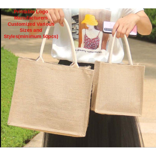 【Professional Customization】Jute Bag Gift Bag Handbag Simple Girl's Small Fresh Linen Rice Bag Fruit Shopping Bag Printable Logo Manufacturers Customized Various Sizes and Styles(minimum 50pcs)