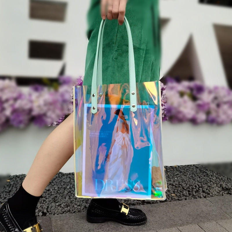 【Professional Customization】Laser Package Pvc Transparent Handbag Shopping Custom Logo Plastic Gift Bag Cosmetics Packaging Ins Net Red Printable Logo Manufacturers Customized Various Sizes and Styles(minimum 50pcs)