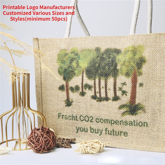 【Professional Customization】Factory Direct Supply Spot Text Pattern Custom Linen Jute Green Shopping Sack Coated Waterproof HandbagPrintable Logo Manufacturers Customized Various Sizes and Styles(minimum 50pcs)