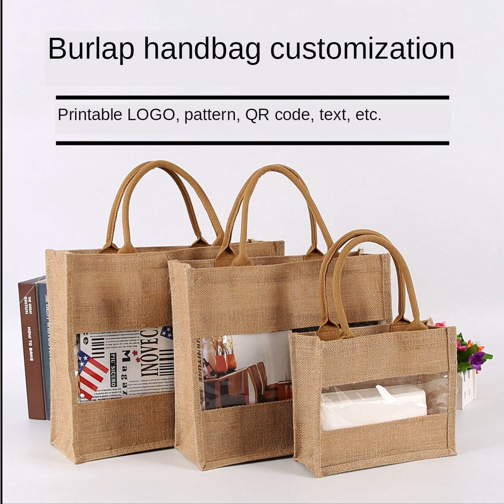 【Professional Customization】Linen Handbag Pattern Linen Environmental Protection Bag Customized Jute Shopping Bag Customized Coarse Linen Bag Printable Logo Manufacturers Customized Various Sizes and Styles(minimum 50pcs)