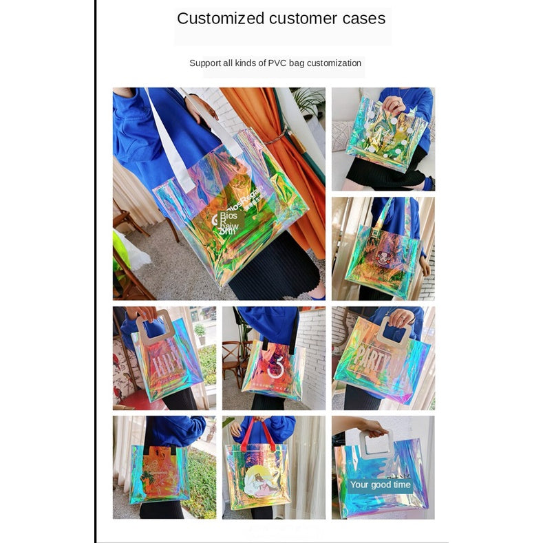 【Professional Customization】Laser Bag Transparent Handbag PVC Jelly Bag Net Red Bag Cosmetic Gift Bag Activity Bag Lunch Bag Printable Logo Manufacturers Customized Various Sizes and Styles(minimum 50pcs)