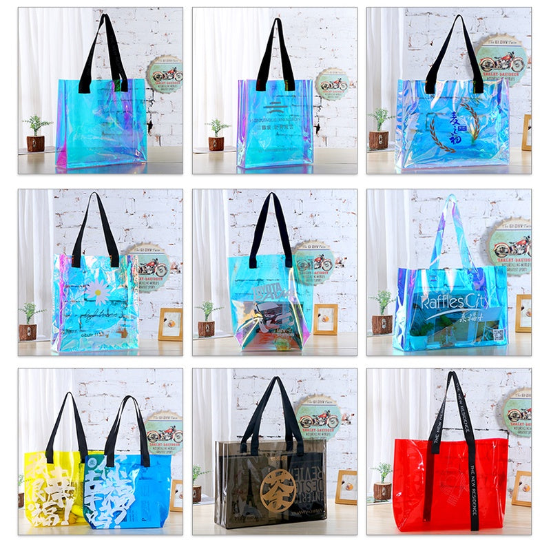 【Professional Customization】PVC New Red Pu Handbag Transparent Jelly Bag Colorful Radium Shooter Bag Gift Bag Printable Logo Manufacturers Customized Various Sizes and Styles(minimum 50pcs)