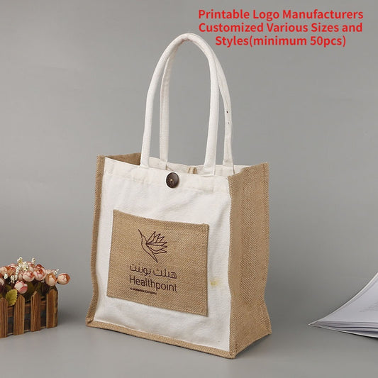 【Professional Customization】Creative Simple Jute Bag Custom Printed Portable Button Color Printing Gift Linen Shopping BagPrintable Logo Manufacturers Customized Various Sizes and Styles(minimum 50pcs)