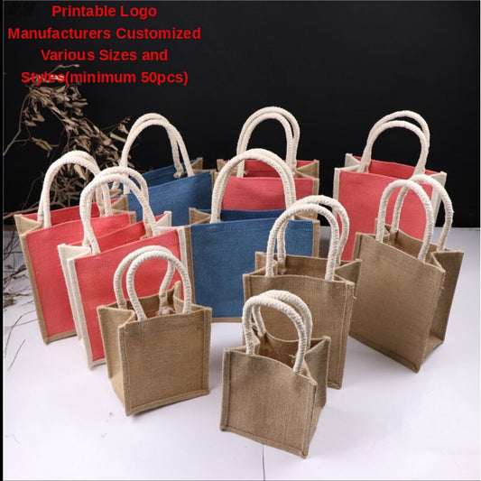 【Professional Customization】Linen Hand Bag Single Shoulder Bag Women Coarse Hemp Red Wine Hemp Bag Customized Jute Bag Printable Logo Manufacturers Customized Various Sizes and Styles(minimum 50pcs)