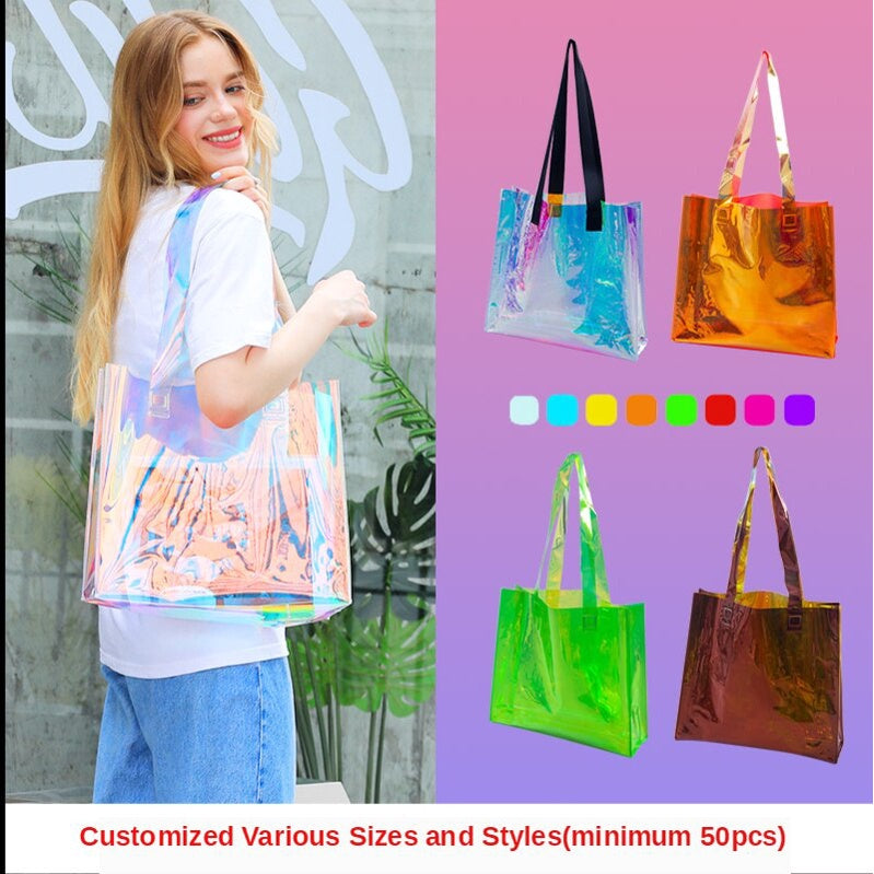 【Professional Customization】Laser PVC Transparent Portable Shopping Advertising Bag Plastic Cosmetic Gift Bag Exhibition Printable Logo Manufacturers Customized Various Sizes and Styles(minimum 50pcs)