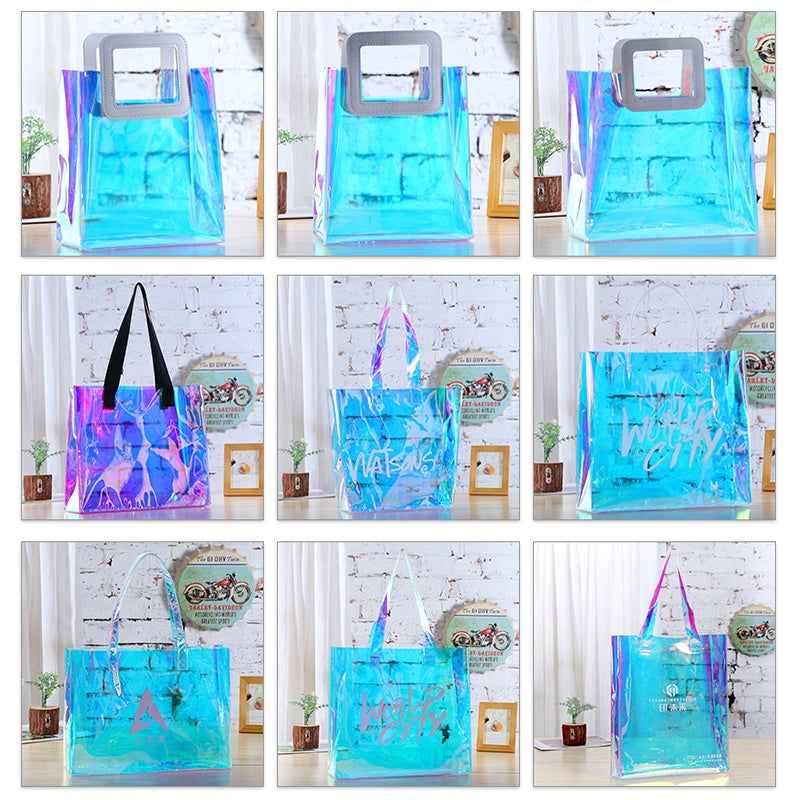 【Professional Customization】PVC New Red Pu Handbag Transparent Jelly Bag Colorful Radium Shooter Bag Gift Bag Printable Logo Manufacturers Customized Various Sizes and Styles(minimum 50pcs)