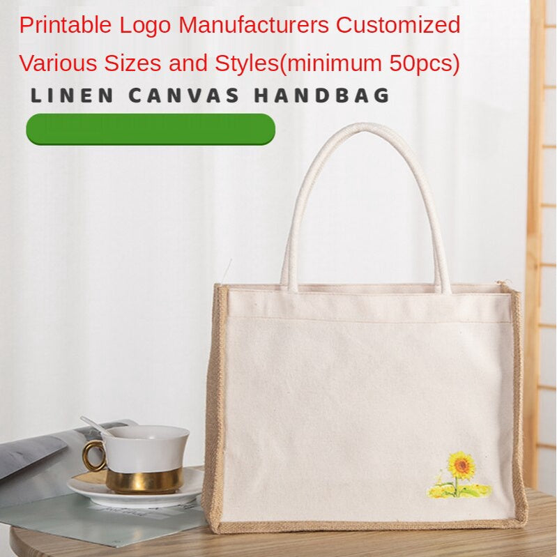 【Professional Customization】Linen Bag Linen Shopping Bag Literary Small Fresh Bag Retro Canvas Custom Logo Cloth Bag Cotton And Linen Printable Logo Manufacturers Customized Various Sizes and Styles(minimum 50pcs)