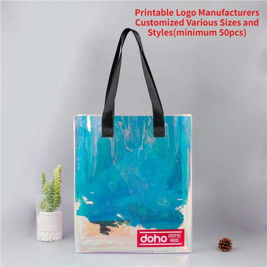 【Professional Customization】PVC Waterproof Color Magic Shopping Bag Custom-made Dazzling Laser Plastic Transparent Handbag Printable Logo Manufacturers Customized Various Sizes and Styles(minimum 50pcs)