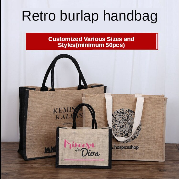 【Professional Customization】Linen Handbag Pattern Linen Environmental Protection Bag Customized Jute Shopping Bag Customized Coarse Linen Bag Printable Logo Manufacturers Customized Various Sizes and Styles(minimum 50pcs)