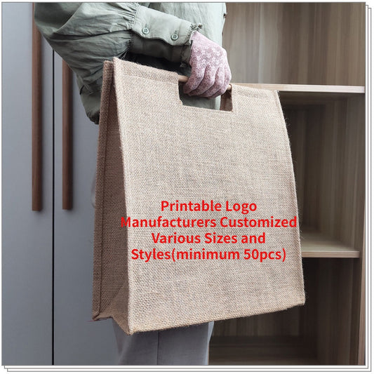 【Professional Customization】Hand-held Gunny Bag Custom-made Blank Non-printed Gunny Bag Round Stick Wood Hand-held Cotton and Linen HandbagPrintable Logo Manufacturers Customized Various Sizes and Styles(minimum 50pcs)