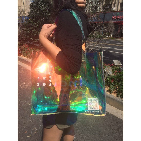 【Professional Customization】Laser Bag PVC Transparent Handbag Shopping Custom Logo Plastic Gift Bag Cosmetic Packaging Ins Net Red Printable Logo Manufacturers Customized Various Sizes and Styles(minimum 50pcs)