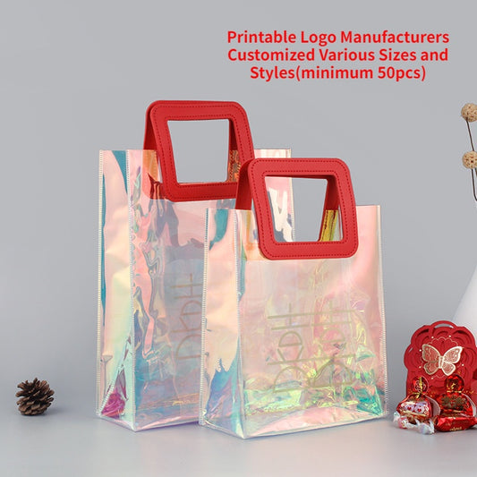 【Professional Customization】Laser Handbag Custom Pvc Transparent Plastic Bag Jelly Bag Magic Gift Bag Ins Bag Moon Cake Packaging Bag Wholesale Printable Logo Manufacturers Customized Various Sizes and Styles(minimum 50pcs)