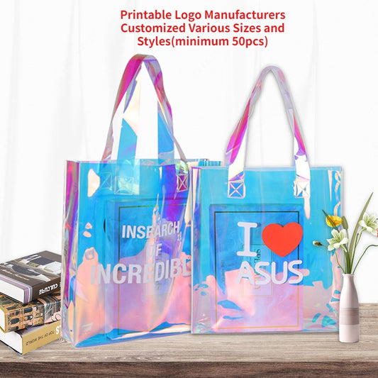 【Professional Customization】Portable Laser Pvc Bag Custom Magic Color Net Red Pvc Handbag Plastic Transparent Shopping Bag Printable Logo Manufacturers Customized Various Sizes and Styles(minimum 50pcs)